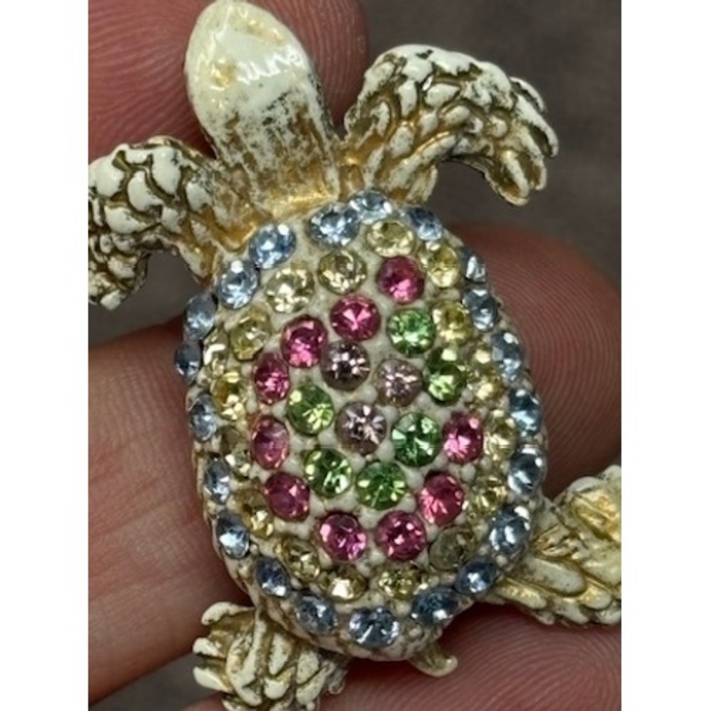 Vtg Turtle Brooch Multi-Color Rhinestone Enamel Animal Pin - Picture 3 of 7